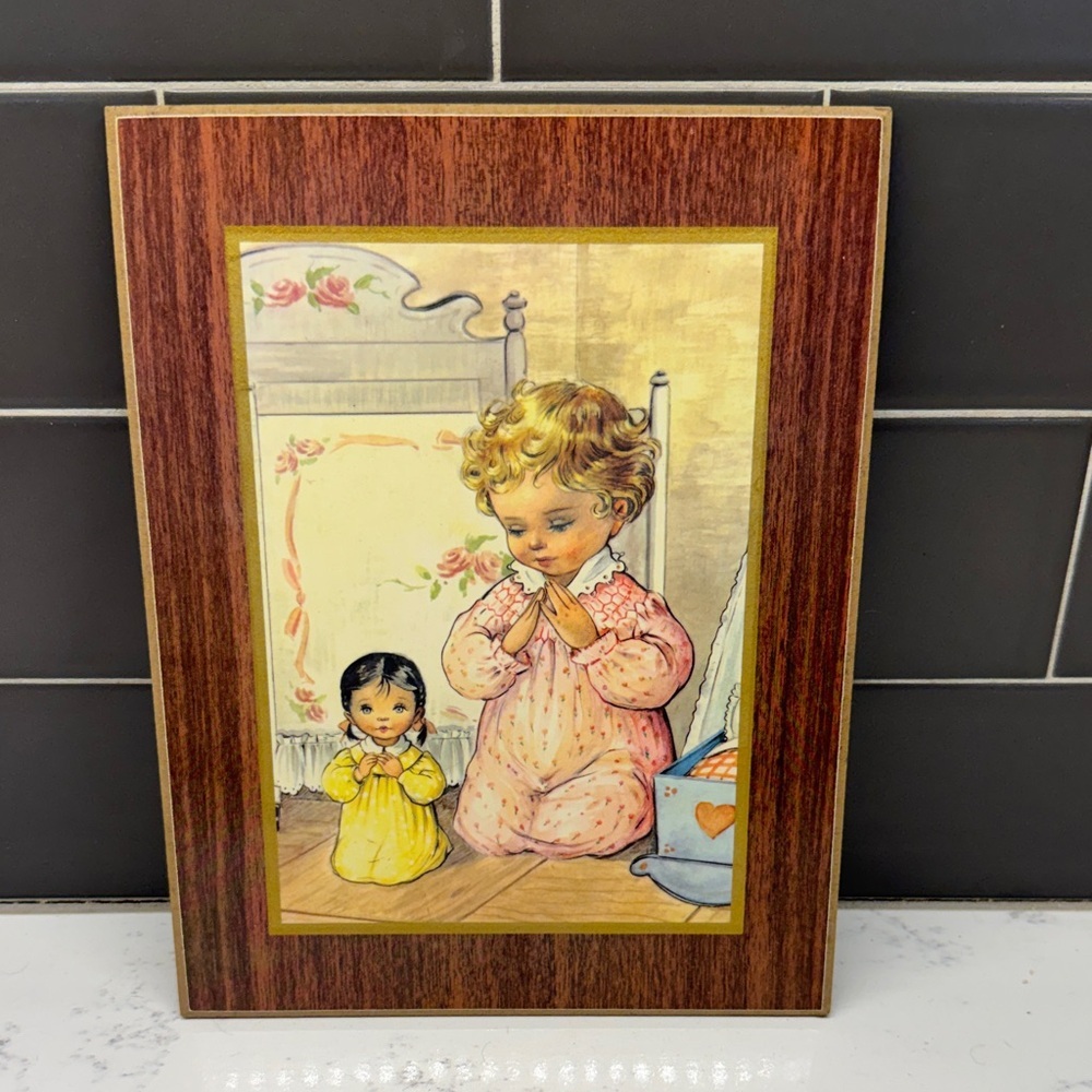 Vintage Prayerful Children Art with Pink and Yellow